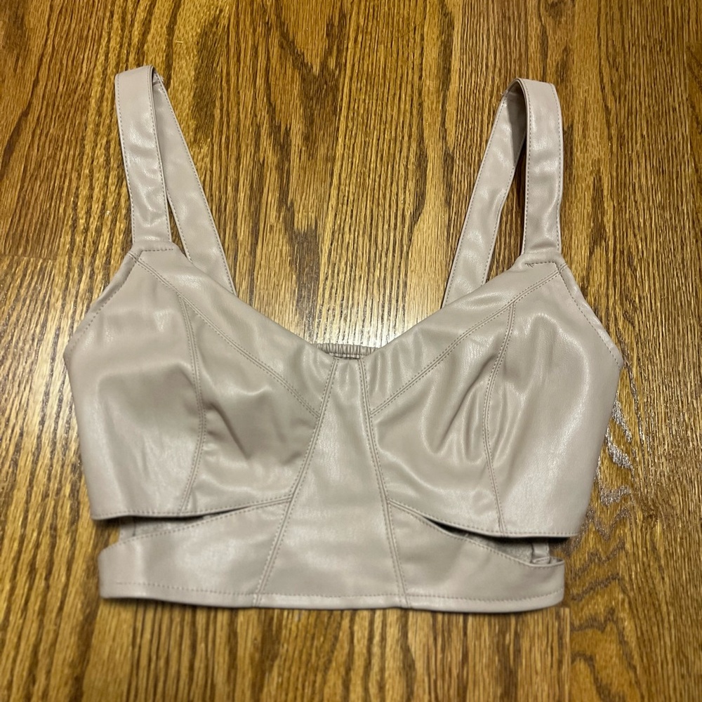 NWOT ZARA Beige Nude Faux Leather Crop Tank Top with Cutouts XS